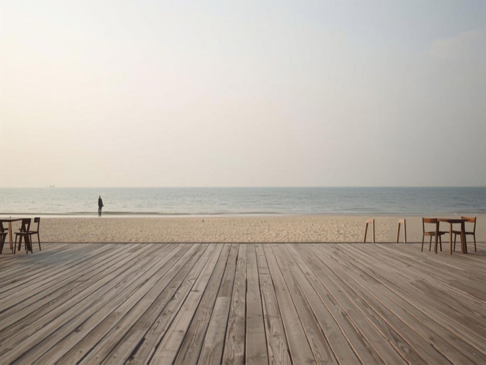 Sfeervol strandpaviljoen-terras met uitzicht op zee