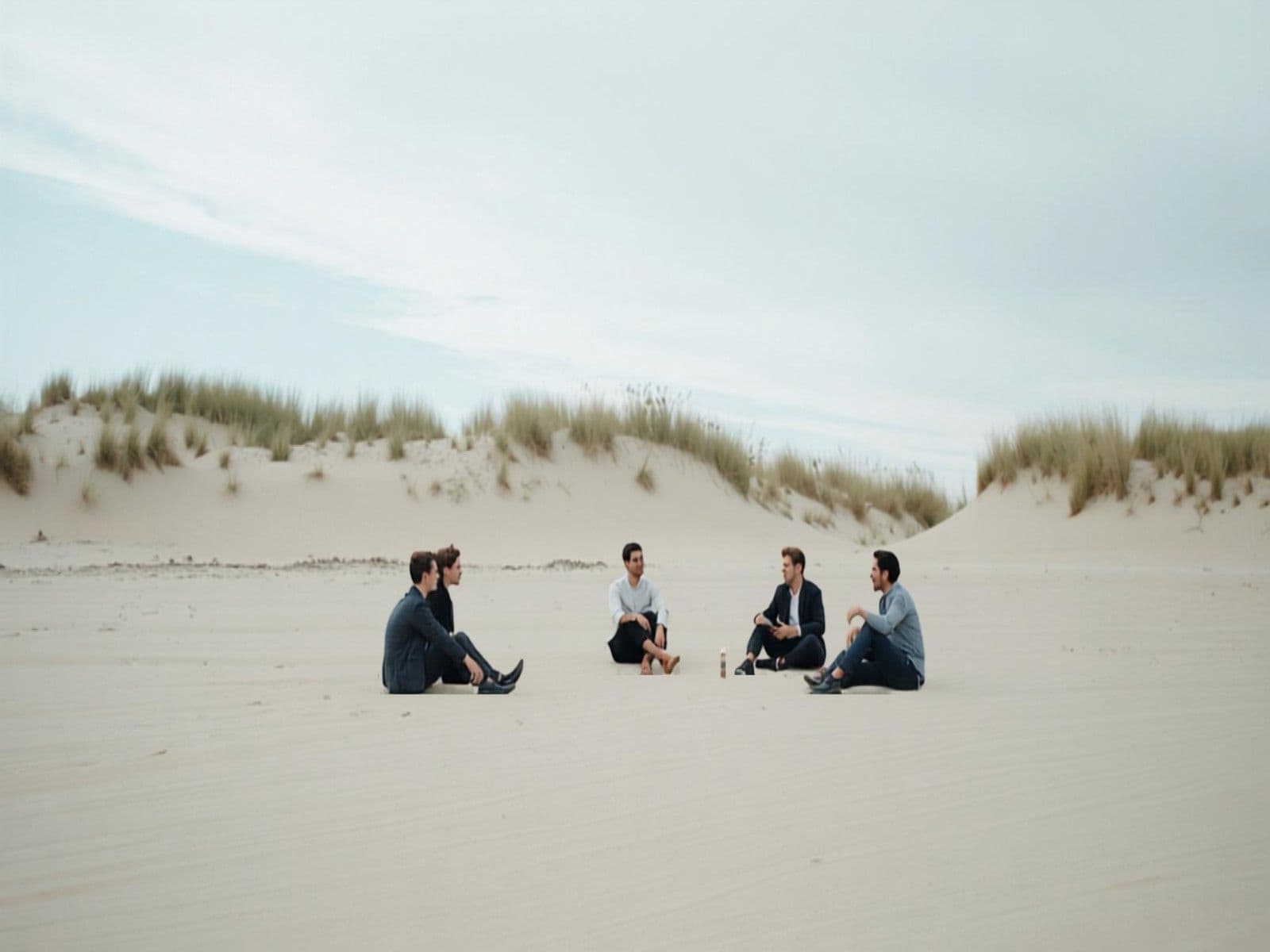 Klein team in een ontspannen groepssessie op het strand